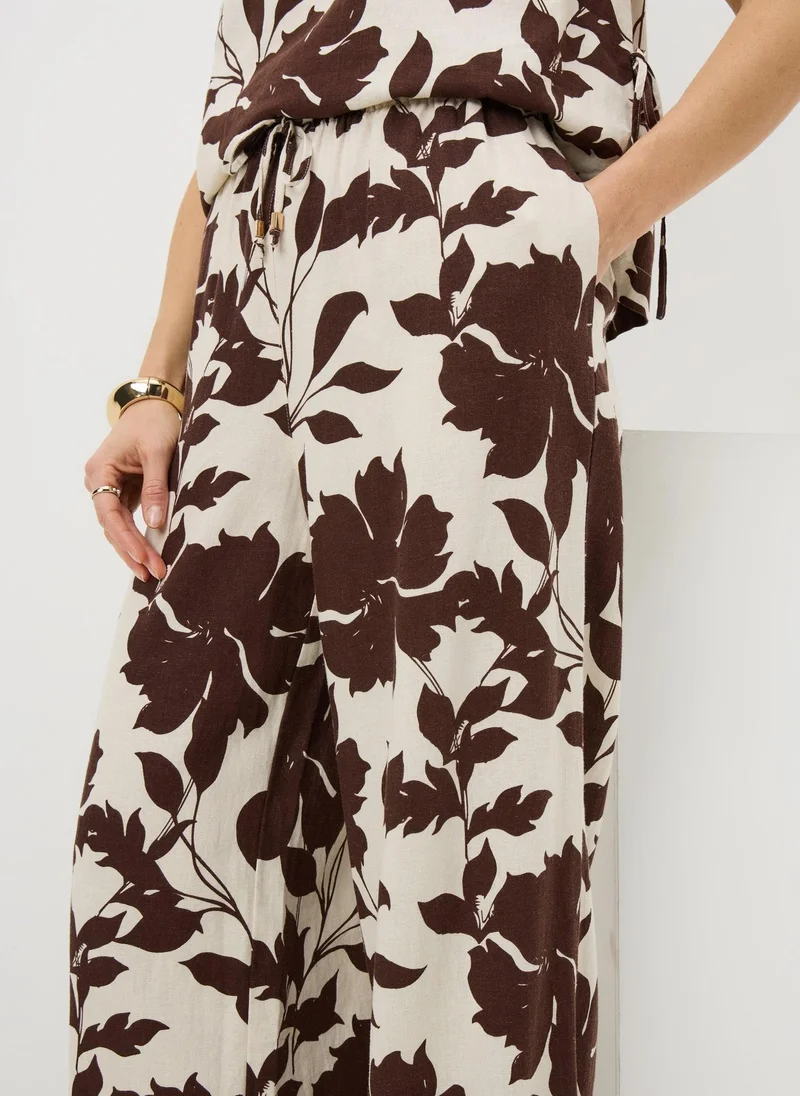 ماتلان Chocolate Brown Leaf Linen Wide Leg Co Ord Trousers